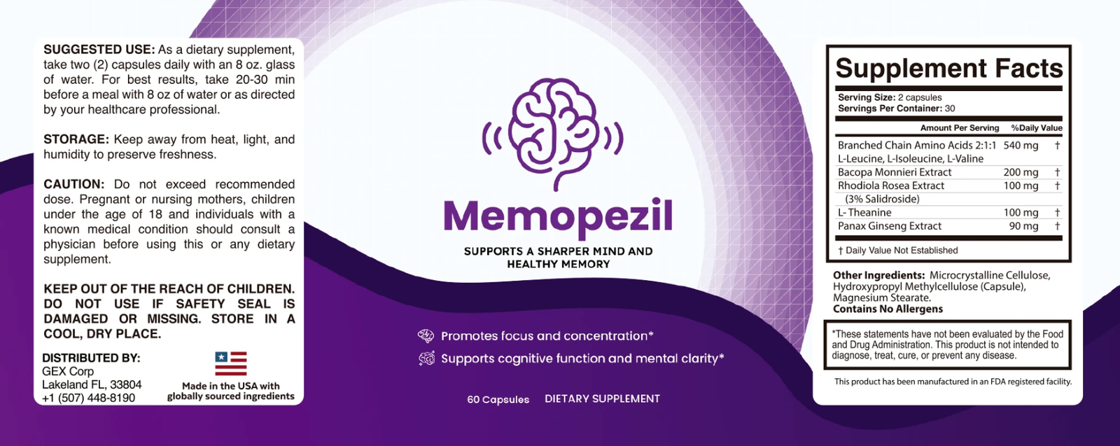 Full product label of Memopezil cognitive supplement showing Supplement Facts, brain health benefits, ingredients, and suggested use.